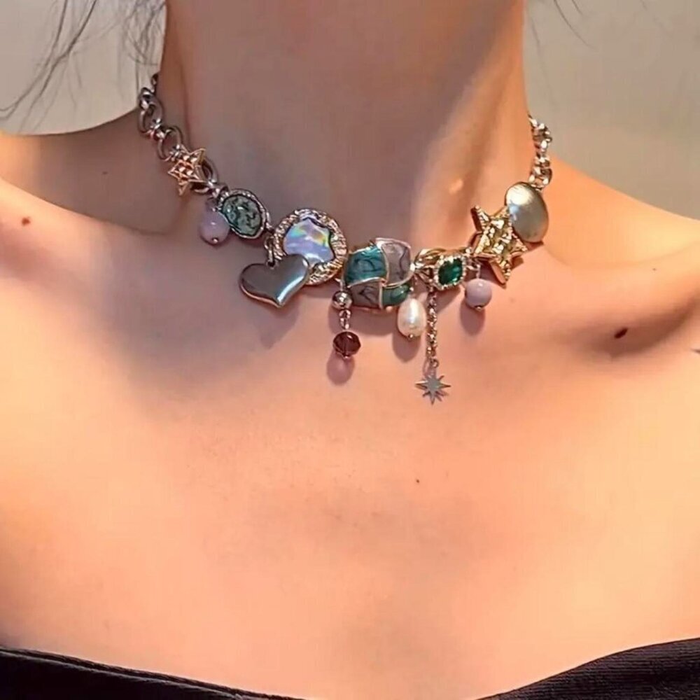 Boho Grunge Star & Faux Pearl Pendant Chunky Choker Necklace - Picture 3 of 3